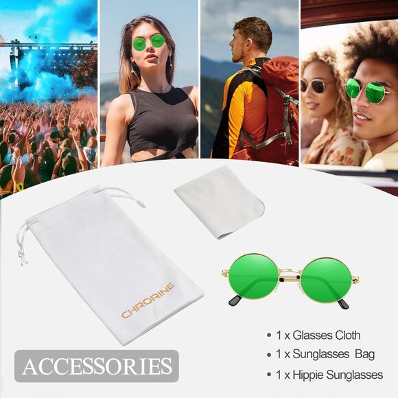 Chrorine Women's Gold Frame Green Lens Hippie Round 70s Retro Sun Glasses - Picture 3 of 6